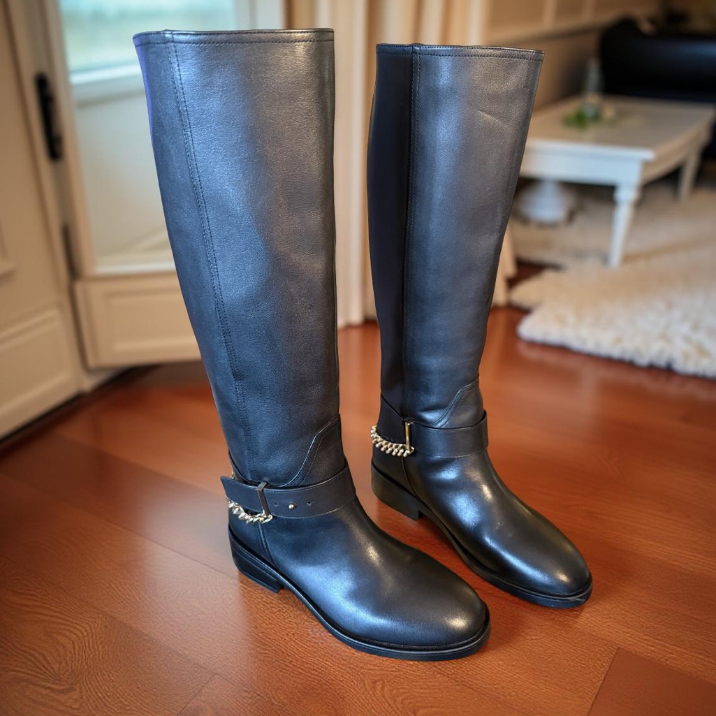 Aqua Riley Nwt Sz 8.5m Elegant Black Leather Knee-High Boots (Sh141)
